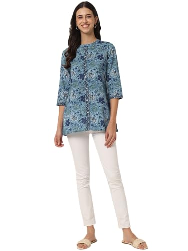 Image of FABRIC FITOOR Women's Jaipuri Pure Cotton Floral Print Mandarin Collar 3 /4th Sleeve Blue Color Shirt Top