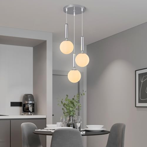 Image of Modern Chrome Pendant Light Hanging Fixture Light for Kitchen Island Mid Century with Globe Pendant Light Milk White Glass Pendant Lighting for Living Room Bedroom Entryway (3 Lights)
