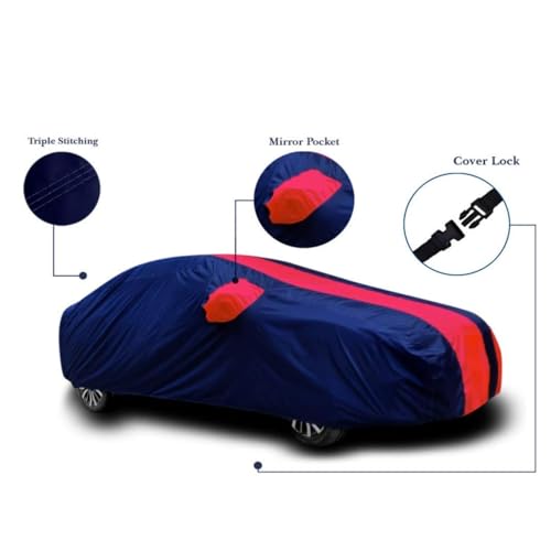 Image of RSP AARVIK Waterproof Car Body Cover Compatible with Mirror for Maruti Suzuki 800 with Long Lasting Durable Material Triple Stitched Elastic (2006-2025) Year Models (Red Stripe)