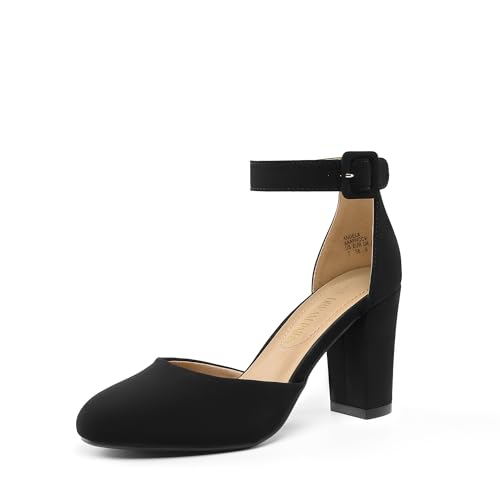 DREAM PAIRS Women's High Heel Ankle Strap Closed Toe Chunky Wedding Party Pumps Shoes,Size 9.5,Black/Nubuck,Angela