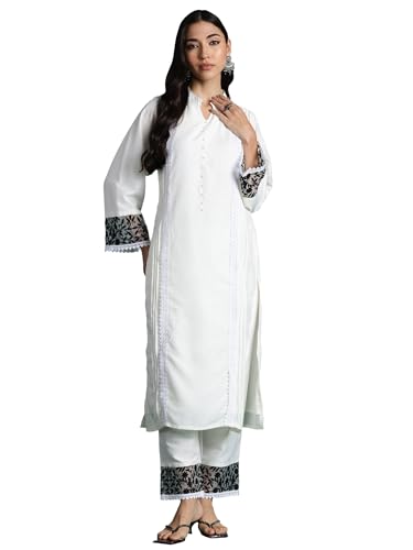 Image of INDO ERA Women's Silk Blend Embroidered Straight Kurta & Pant Set (KS9WH6908)