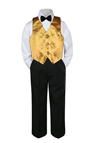 4pc Baby Toddler Boy Teen Formal Suit Black Pants Shirt Vest Bow tie Set SM-4T (2T, Gold)
