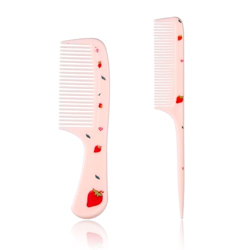 Image of 2pcs Cute Hair Comb Set, Pink Strawberry Baby Comb Fine Tooth Comb & Rat Tail Comb Toddler Tiny Hair Comb Small Girls Comb Plastic Mini Kids Comb Hair Parting Comb for Women Girls Kids All Hair Types