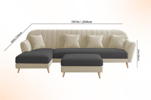 Image of Atticus LHS 6 Seater L Shape Sofa Set with Ottoman Living Room (Cream Black Colour Fabric) Premium Fabric Sofa Set for Living Room