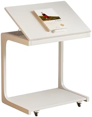 Adjustable C-Shaped Solid Wood TV Tray Table on Wheels - Removable Side End Table for Couch, Living Room & Bedroom, Walnut Finish (31.5" L x 15.35" W x 24.8" H)