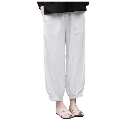 Pantalones de chándal de algodón para mujer, para ir al gimnasio, viajes, oficina, cintura elástica, con cordón de ajuste, para montar en bicicleta, blanco, M