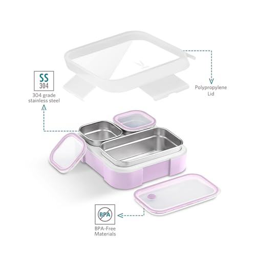 Image of VAYA Tydbyt Tiffin Box for Women Stainless Steel, 3 Steel Containers & Lids, Lunch Box for Kids Girls 3 Compartment, Organized Meals with No Mix-Ups, Bento Box, Lilac Love