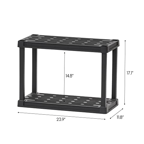Image of IRIS USA 2-Shelf Light Duty Plastic Storage Shelves, 100lb Capacity, 17 inch H x 24 inch W x 12 inch D, Medium Modular Shelving Unit Storage Organizer for Bathroom, Laundry, Garage & Home, Storage Rack - Black