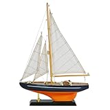 Composition : Bois SIGNES GRIMALT Voilier en Bois sur Socle, Type Bateau de Navigation Ancien avec Coque en Bois, Cordage, Bleu et Orange, Hauteur 43 cm