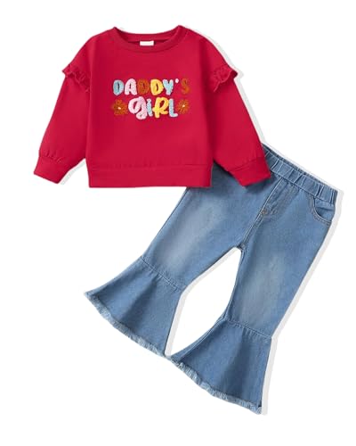 Image of NZRVAWS 12-18 Months Toddler Baby Girl Clothes Infant Embroidery Sweater Flare Jeans Pant Outfits Fall Winter Girl Clothing Set Red