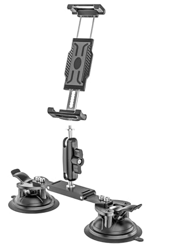 Dual Suction Cup Camera Mount with Metal Ball Head Magic Arm, Heavy Duty Car Mount with Tablet Holder & Action Cam Adapt - Detailed View