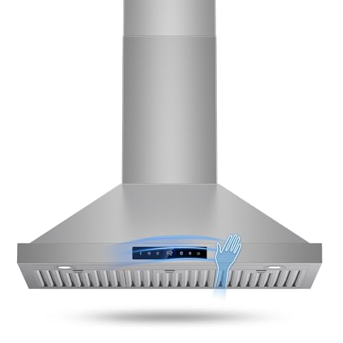 36 Inch Wall Mount Range Hood 1200CFM, 4 Speed Remote Control Kitchen Wall Mount Range Hood with Motion Sensor & Adjustable LED Lighting Ducted/Ductless Convertible Pro Series