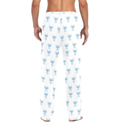 Men's Watercolor Blue Bows Pajama Pants with Pockets - Straight Fit Cotton Sleep Bottoms for Lounge & Nightwear#4813