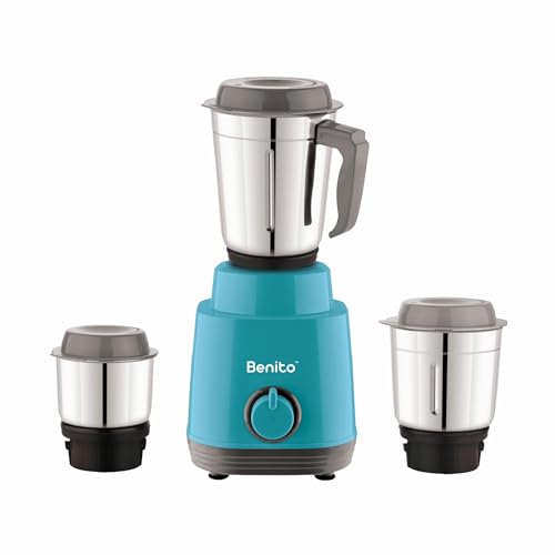 Image of Benito TURIN 550W Mixer Grinder with 3 Stainless Steel Jars | Heavy-Duty Shockproof ABS Body | Powerful Motor with High-Speed Grinding Technology | Elegant Green & Gray Finish | 1-Year Warranty