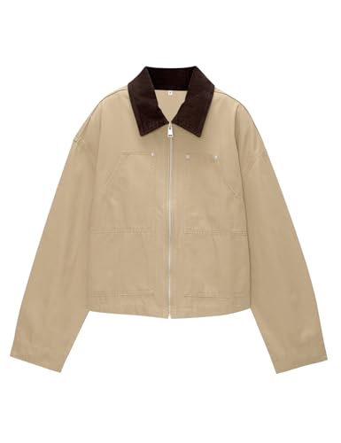 Womens Lightweight Jacket with Corduroy Collar Oversized Barn Jackets Cropped Zip Up Workwear Jacket