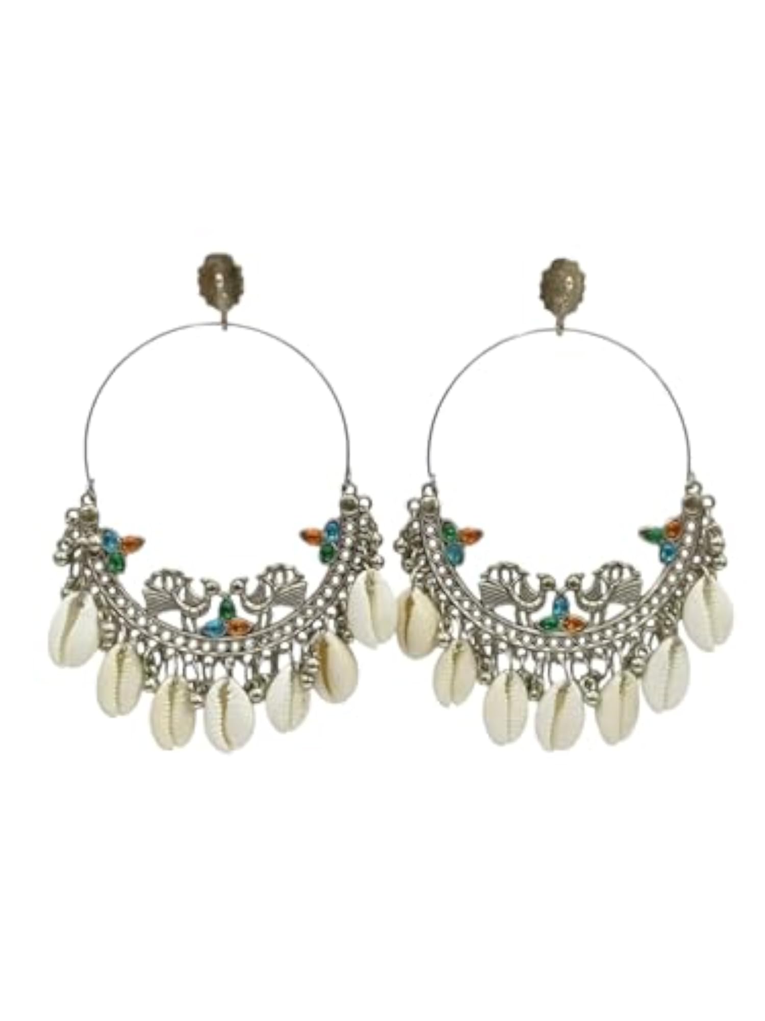 Oxidized Cowrie Shell Chandbali Earrings, Traditional Design