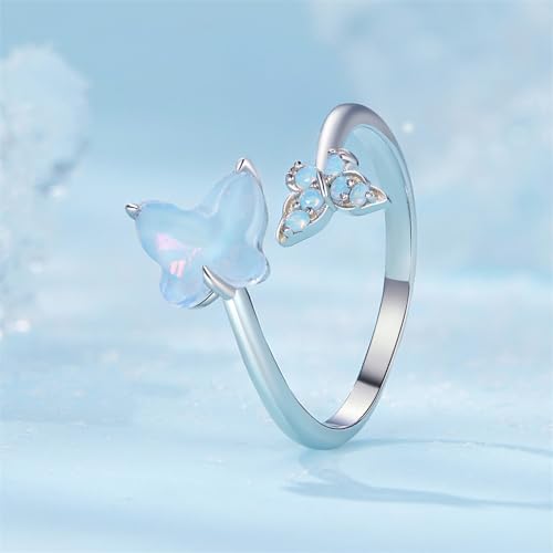 Opal Butterfly Adjustable Open Wrap Ring 925 Sterling Silver White Gold Plated Stacking Statement Blue Wedding Finger Rings for Women Fashion Layered Comfort Fit Christmas Valentine Jewelry Gift for Wife4