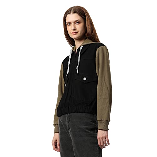 Image of Campus Sutra Women's Black & Olive Green Regular Fit Denim Jacket For Winter Wear | Collared Neck | Full Sleeve | Buttoned | Casual Jacket For Woman & Girl | Western Stylish Jacket For Women