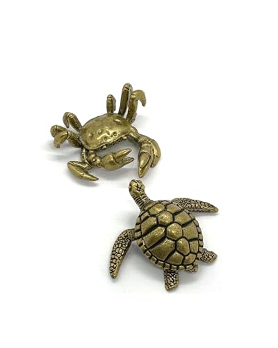 2PCS Mini Turtle & Crab Sculptures: Antique Brass Figurine Set - Handmade Zen Bookshelf Decor | Coastal Desk Statue Gift for Women, Office, Mantel