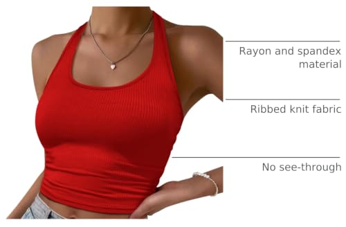 Image of Ekouaer Women Halter Top Backless Scroop Neck Slim Stretchy Ribbed Knit Camisole Crop Tops S-XXL