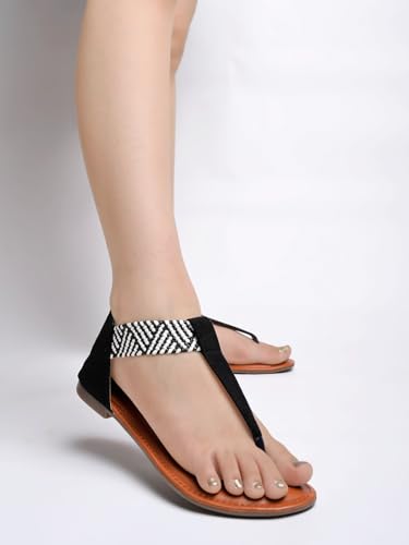 Image of Shoetopia Women's Ethnic Style T-Strap Sandals Chevron Ankle Strap Flats for Casual & Festive Comfortable & Stylish Party