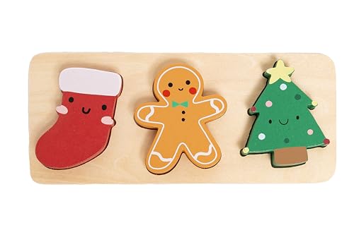 Pearhead 3 Piece Set Wooden Holiday Puzzle Kids Christmas Toy Stocking Stuffer for Children Holiday Ideas