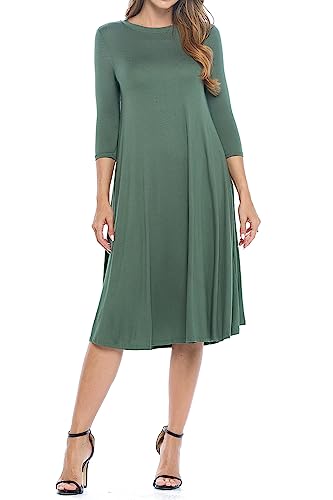 iconic luxe Women's Swing Midi Dress – 3/4 Sleeve Flowy A-Line Tunic – Soft, Stretchy, Comfortable, and Versatile Casual Dress for Everyday Wear Small Olive - Thumbnail 3