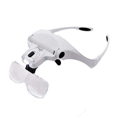 LED Illuminated Headband Magnifier, Nydotd Upgraded Eyeglasses Bracket/Headband Interchangeable Head Mount Magnifying Glasses for Reading, Jewelry, Electronic Repair 5 Replaceable Lenses