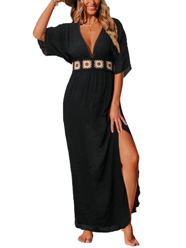 CUPSHE Women Swimsuit Coverup Deep V Neck Half Sleeve Maxi Coverup Dress