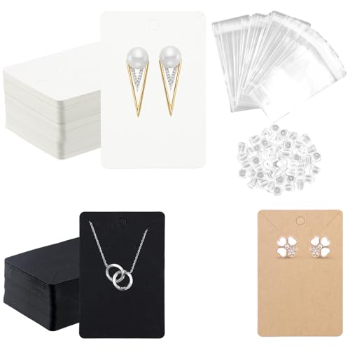 Shengxi 200 Pcs Tarjetas Exhibición de Joyería, 9x6cm Tarjetas Kraft Joyas con 200 Pcs Bolsas Autoadhesivas y 200 Pcs Respaldos de Aretes para DIY Pendientes de Exhibición Tachas y Colla