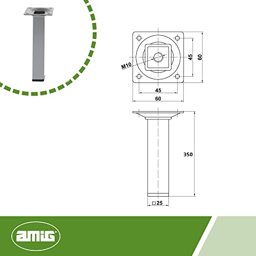 amig - Square Furniture Leg, Silver, 25 x 25 x 350 mm - Image 4