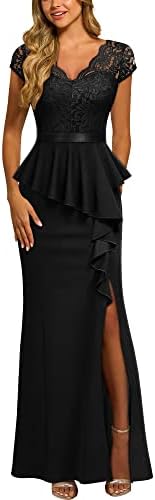 MISSMAY Women's Elegant Floral Lace Ruffle Split Cocktail Party Long Dress (Small, Black)