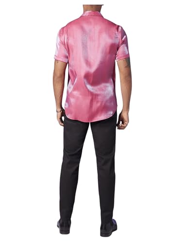 WDIRARA Men's Silk Satin Metallic Button Down Short Sleeve Collared Shirts Rave Disco Club Tops2