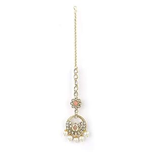 Priyaasi Pink Kundan Pearl Jewelry Set for Women with Mang Tikka | Gold-Plated | Floral-Leaf Design | Indian Bridal Jewelry Set for Wedding | Jhumka Earring | Alloy Metal | Bridesmaid Jewelry Set - immagine 6