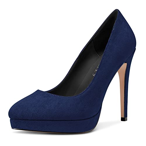 DearOnly Womens Platform Pumps Round Closed Toe Slip On Stiletto High Heel Suede Dress Shoes Bridal Wedding Office 5 Inch