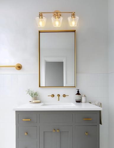 Image of DORESshop 3-Light Gold Bathroom Light Fixtures with Clear Wine Glass Covers, Brushed Brass Bathroom Lighting Fixtures Over Mirrors, Modern Vanity Lights for Bathrooms Bedroom Living Room Hallway, ETL