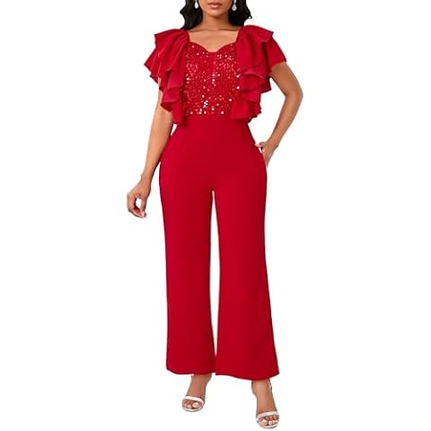 IWFEV Women's Jumpsuit Sequins Patchwork Overlay Ruffle Sleeveless Full Length V-Neck Romper L Red Cover