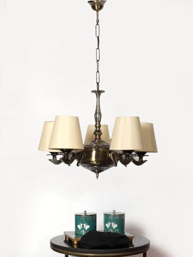 Image of Devansh 05 Lights conical Off-White Cotton Shade with Antique Golden Chandelier