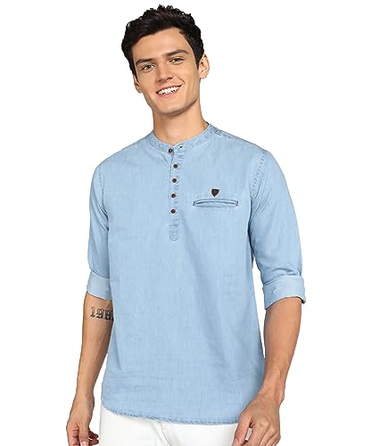 Image of Kuons Avenue Men's Denim Casual Short Kurta | Mandarin Collar | Full Sleeves | Tailored Fit- Stylish Ethnic Wear