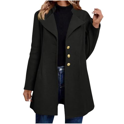 Women's Solid Color Woolen Blend Pea Coat, Long Sleeve Lapel Comfy Casual Jacket Fashion Single Breasted Wool Coats