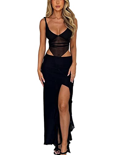 2 Piece Maxi Skirt Set for Womens Lace Up Back Tank Tops Tie Up High Waist Long Skirt Set
