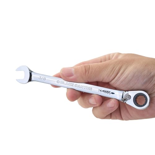 Image of BLACK CANYON 3 /8 Inch Ratchet Combination Wrench, 12-Point Box End & Hex Opening, Polished Steel Ratcheting Wrench with SAE & Metric Sizes