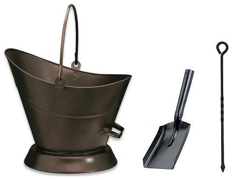 Heavy Duty Metal Fireside Waterloo Bucket Fireplace Hod Scuttle Coal Fuel Ash Wood Log Storage Option with Shovel and Poker (Bronze/Oxy Waterloo Bucket+Shovel&Poker)