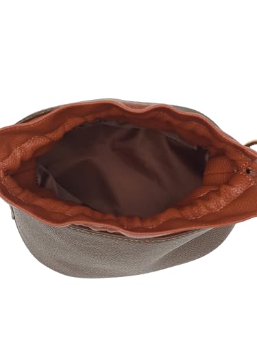 Image of white lily Women's Bucket Bag with Drawstring, Black and Brown Two-Tone, Adjustable Shoulder Strap