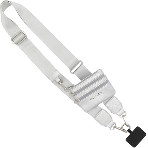 Image of Save the Girls Original Clip and Go Phone Strap Original (Silver - Silver Pouch) - Crossbody Phone Strap Chain with Zipper Wallet Pouch - Phone Lanyard with Zippered Pouch