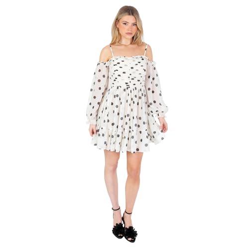 Robe mini bardot à pois évasée et fleurie pour femme