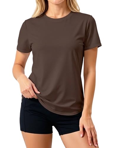 LETSEE Women's Loose Workout Tops Short Sleeve Exercise Shirt Brown