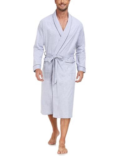 COLORFULLEAF Mens 100% Cotton Robes Lightweight Long Sleeve Bathrobe Soft Knit Spa Robe with Pockets (Grey, 2XL)