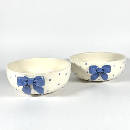 Image of SNS Blue Bow Ceramic Serving Bowl Set (Set of 2) | Cute Pinterest Style Kitchen Bowl | Aesthetic Snack, Salad, Cereal, Dessert & Soup Bowl | Premium Kitchen & Breakfast Bowl (Lumi Blue Bow Bowl)