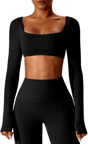 FEOYA Women Long Sleeve Padded Scoop Neck Workout Yoga Crop Top Tee Shirt Stretch Slim Fit Sports Bra Top, A Black, S